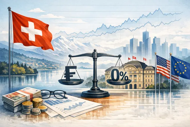 The Swiss National Bank building in Bern with a financial chart overlay showing interest rate and inflation data.