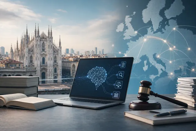 Editorial illustration representing AI-powered legal technology and investment in European legaltech startup Lexroom