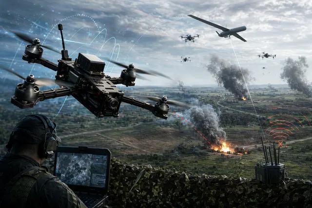 Illustration of AI‑enabled military drones and autonomous strike systems in modern warfare