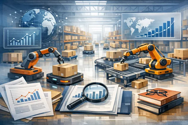 AI-generated editorial hero image of a modern automated warehouse with robotic picking arms, conveyors, and autonomous mobile robots in operation.