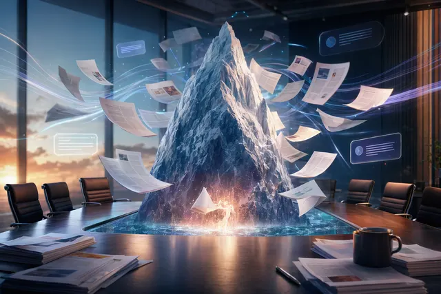 Illustration of PDF documents becoming an AI-powered workspace with chat, summaries, audio and presentation outputs