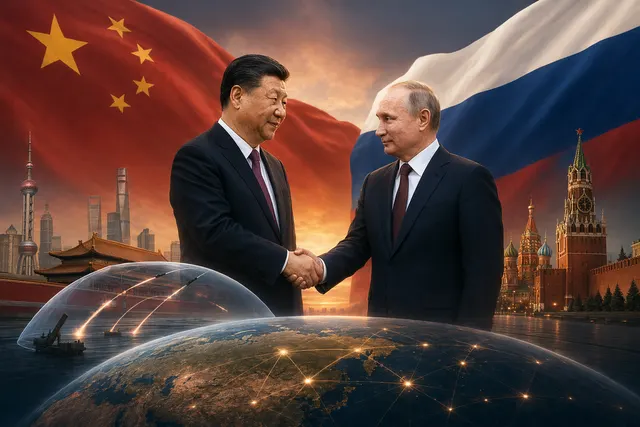 Illustration of Xi Jinping and Vladimir Putin meeting at a Beijing summit amid global geopolitical tensions