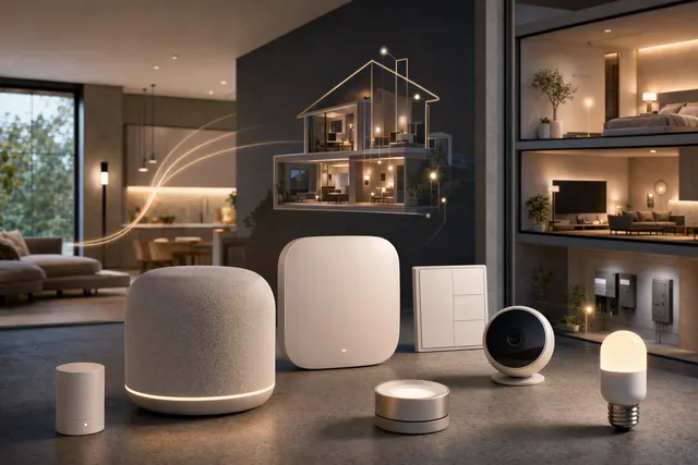 Conceptual illustration representing Apple Home smart-home accessories and connected devices
