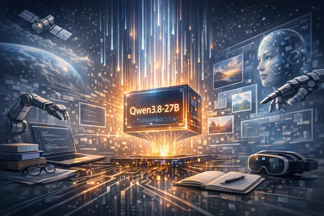 Abstract editorial illustration of Alibaba Qwen3.8-27B running as a local multimodal AI model on consumer hardware