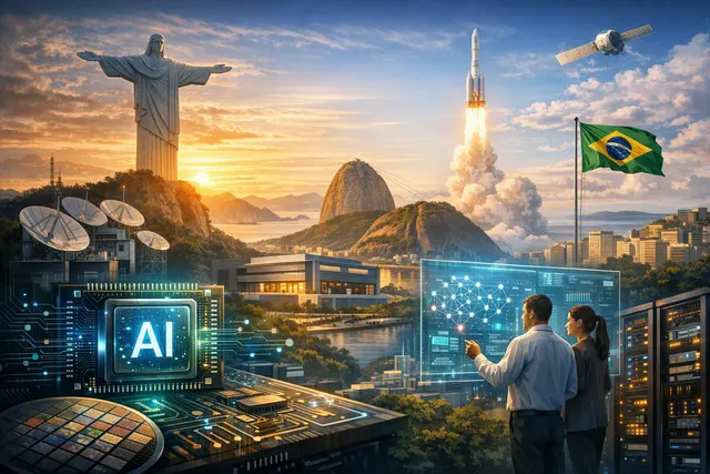 Illustration of Brazil’s AI infrastructure strategy combining supercomputing, cloud services, semiconductor design, and AI governance
