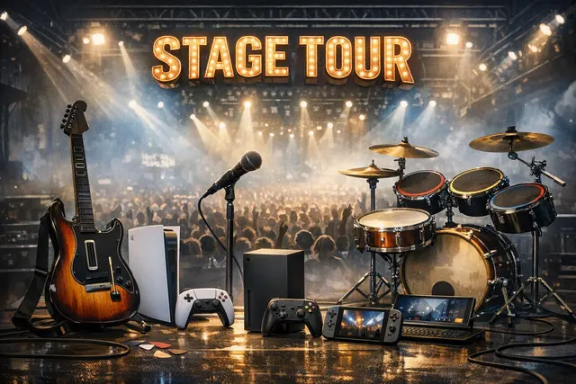 Editorial illustration of Stage Tour as a full-band rhythm game with guitar, drums, and microphones