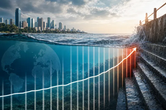 Illustration of rising ocean levels affecting coastal cities