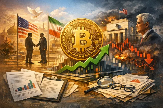 Bitcoin price chart with geopolitical and technical analysis annotations showing resistance levels near $64,000
