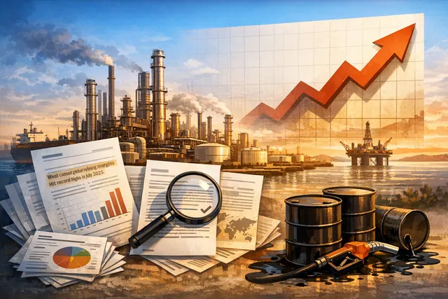 An infographic-style image showing global oil refining capacity, crack spread charts, and refinery icons, representing the record-high refining margins in July 2026.