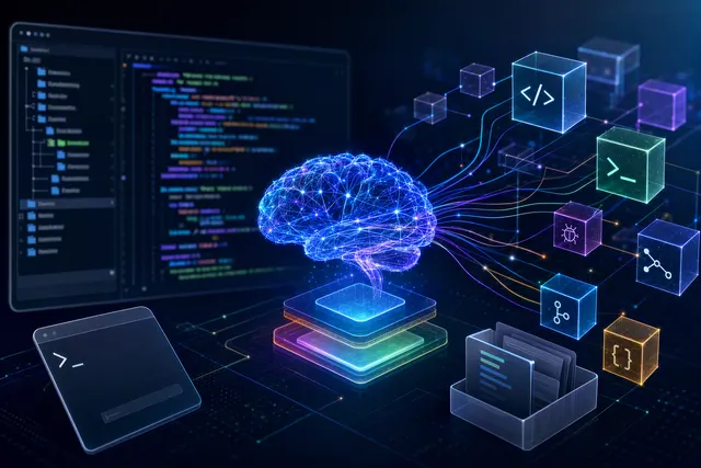 Editorial illustration representing an AI coding agent working through command-line software tasks