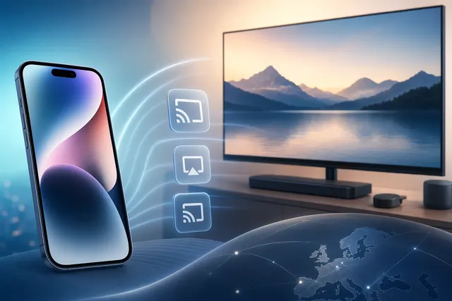 Concept illustration of iPhone casting to TV with AirPlay and Google Cast options