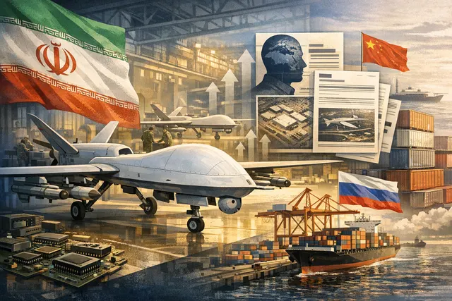 An AI-generated editorial illustration representing Iran's drone production capacity tripling during the 2026 war with the US and Israel