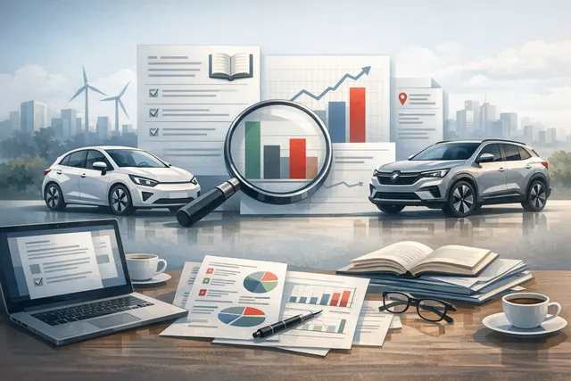 Renault R5 and Twingo compact electric vehicles with a graphic overlay showing profit margin comparison to larger Megane E-Tech