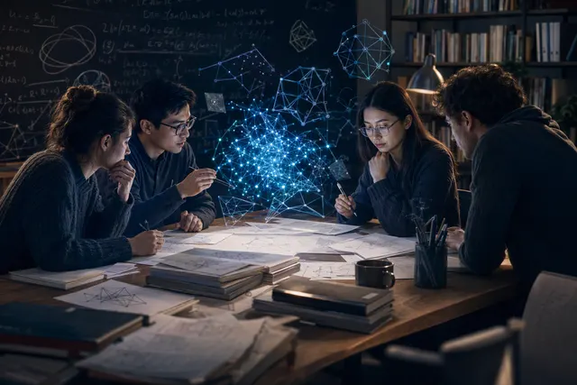Editorial illustration for a story about mathematicians collaborating with an AI model on research papers