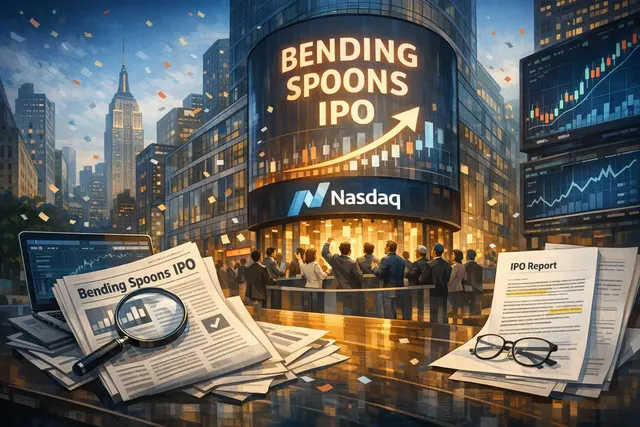 Abstract illustration representing Bending Spoons' Nasdaq debut, IPO, and AI-driven software strategy