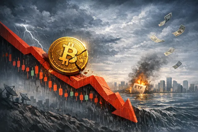 Bitcoin price crash conceptual art showing a digital coin breaking through a descending red graph with market volatility indicators.