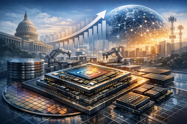 Conceptual illustration of AI accelerators, semiconductor wafers and advanced chip packaging in a supply chain