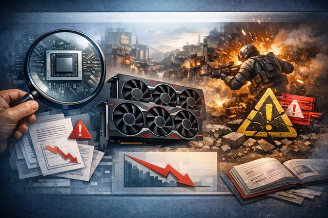 Abstract 3D render of a GPU with a performance regression chart and a warning icon overlay, representing AMD FSR 4.1 issues.