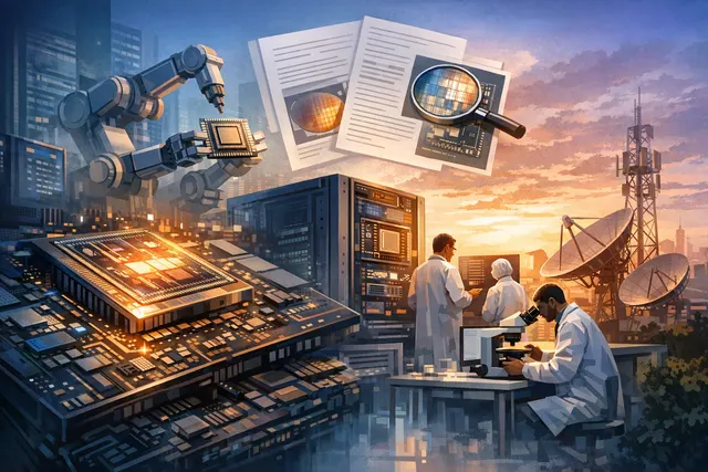 Abstract digital representation of an Apple-style silicon chip with interconnected AI nodes, symbolizing Apple's custom AI server chip development.