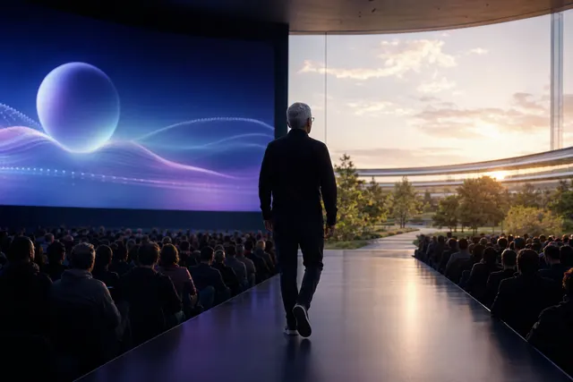 Editorial illustration of Apple WWDC 2026 keynote highlighting AI and leadership transition
