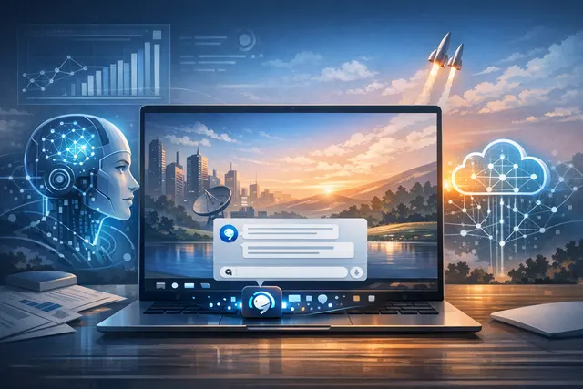 Microsoft Ask Copilot taskbar replacement concept for Windows 11 mid-2026, showing a floating Copilot Composer interface over the desktop.