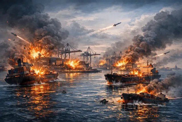 Illustration of a cargo ship and drone threat near Ukrainian Black Sea ports
