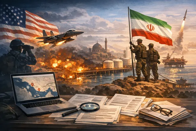 An editorial-style graphic depicting a military map of the Persian Gulf with a highlighted Kharg Island and Strait of Hormuz, with silhouettes of fighter jets and a nuclear symbol