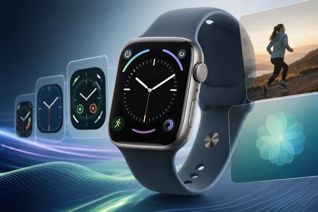 Apple Watch displaying a conceptual watchOS interface highlighting health tracking and performance improvements