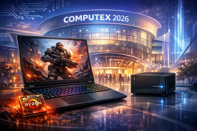 Hero image depicting Acer's Computex 2026 announcements, highlighting the Nitro 16 gaming laptop and Veriton RA110 AI Mini Workstation.