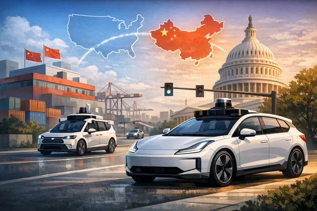 Editorial illustration of a Zeekr-based Waymo Ojai robotaxi entering the U.S. market