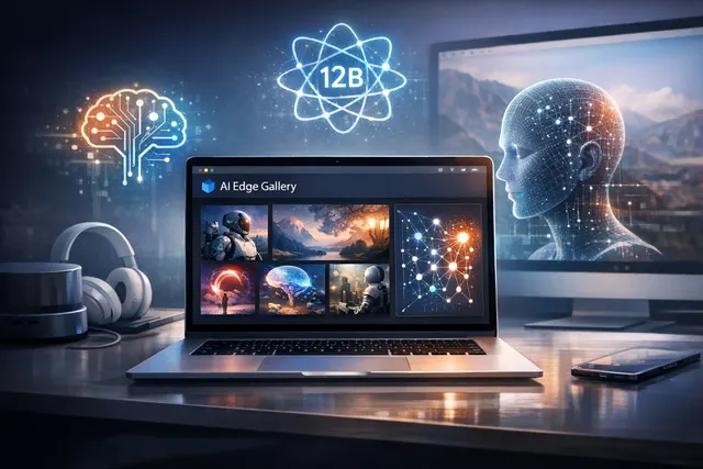 A futuristic MacBook displaying a glowing AI ecosystem interface, with floating icons representing an app gallery, a brain model, and a dictation tool, set against an abstract circ