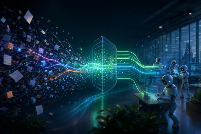 Abstract enterprise AI agents connected to governed data streams and workflow systems