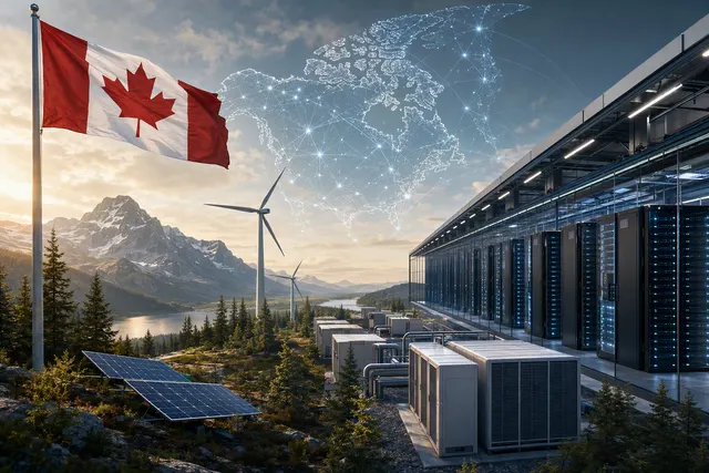 Editorial illustration of AI data-center infrastructure in Canada