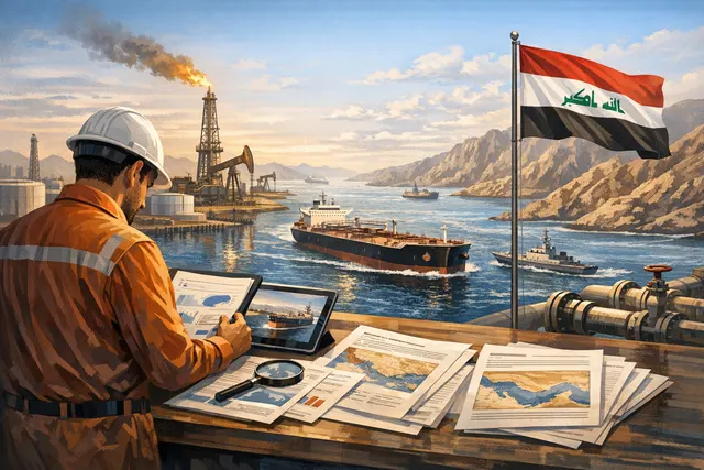 Aerial view of oil pipelines and storage tanks at a Middle Eastern oil export terminal, representing Iraq's crude oil infrastructure and export capacity.