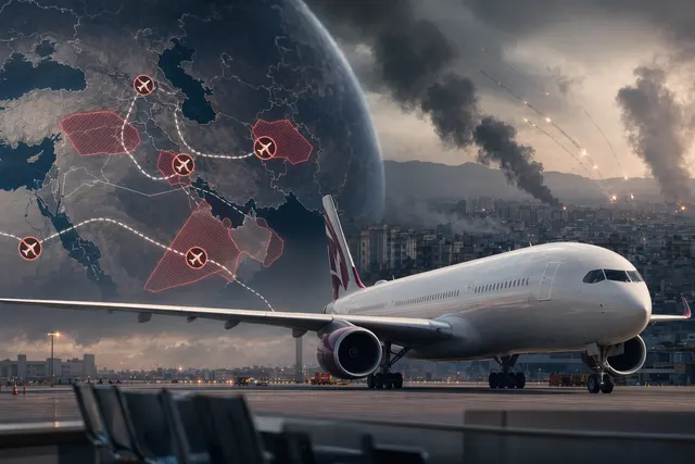 Qatar Airways aircraft symbolizing aviation disruption during the 2026 Middle East airspace crisis