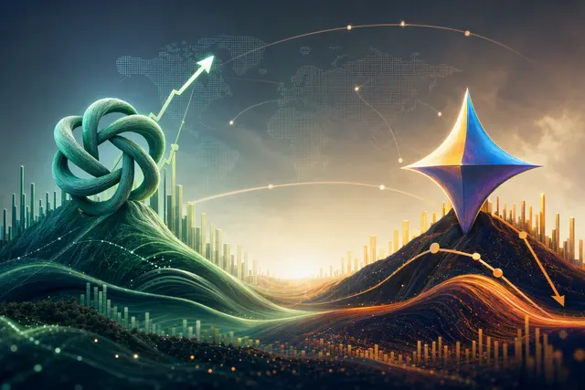 Editorial illustration of ChatGPT and Google Gemini competing for generative-AI web traffic