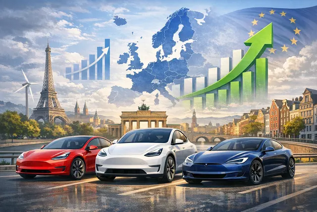 Tesla electric vehicles charging at a European station, illustrating April 2026 sales recovery across the EU, EFTA, and UK markets
