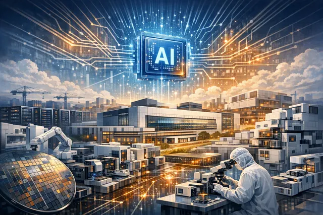 Abstract editorial illustration of AI semiconductor chips, advanced packaging and optical interconnects