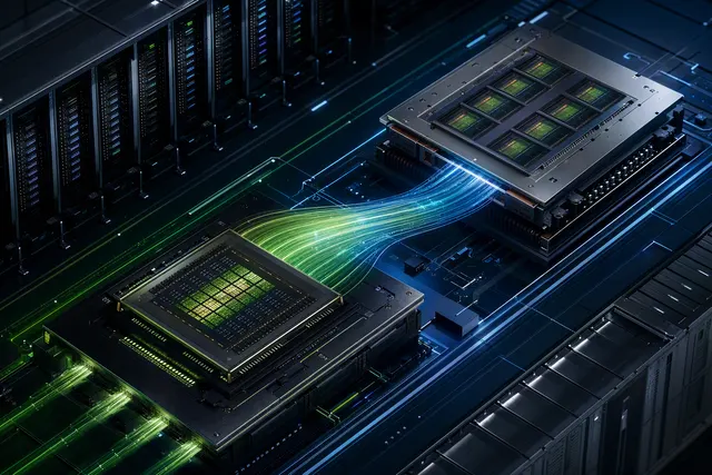 Illustration representing d-Matrix Raptor inference processors connected to Nvidia AI-factory infrastructure