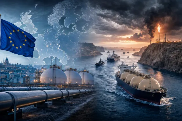 Editorial illustration of Europe’s gas supply squeeze ahead of winter, with LNG shipping disruption near the Strait of Hormuz