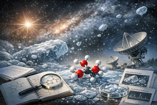 Artistic representation of the molecular cloud G+0.693-0.027 near the center of the Milky Way, where astronomers detected the sugar molecule erythrulose using radio telescopes.