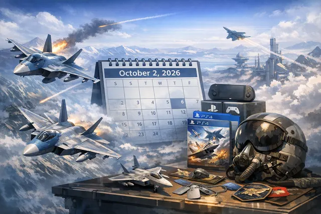 Ace Combat 8 Wings of Theve cinematic key art showing fighter jets flying low over a coastal city