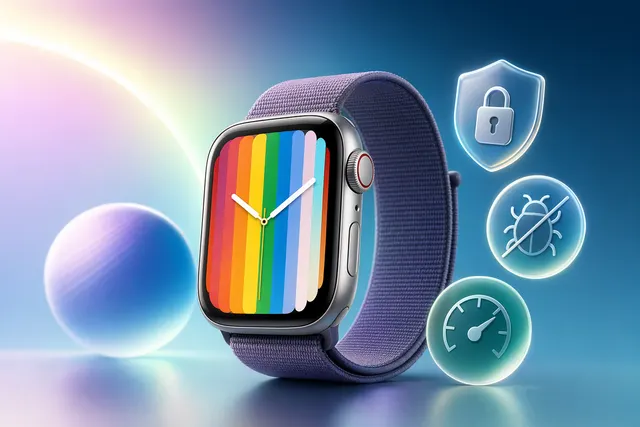 Illustration of an Apple Watch with a colorful Pride-inspired watch face for watchOS 26.5