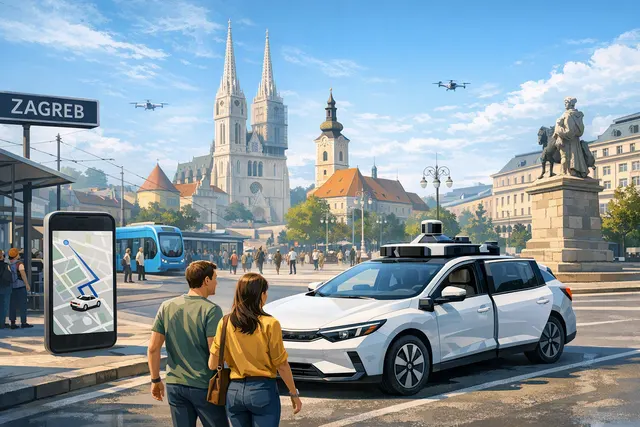 Illustration of an autonomous robotaxi operating in Zagreb through the Uber app