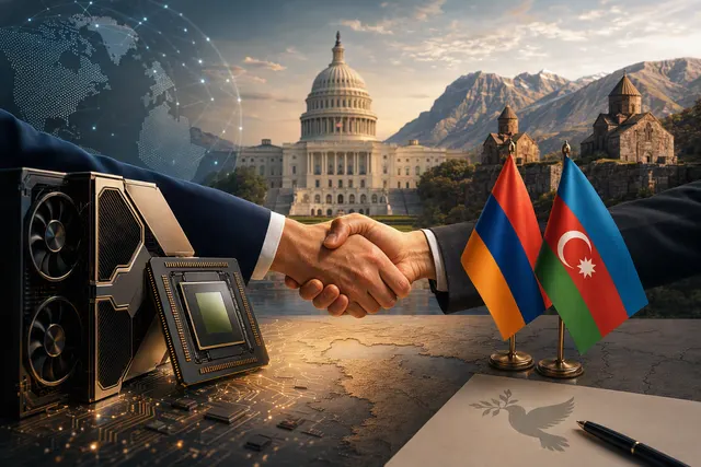 Editorial illustration of AI chips, diplomacy and regional connectivity involving Armenia and Azerbaijan