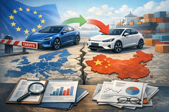Illustration of EU and Chinese flags overlaid on an electric vehicle against a European cityscape, representing the trade dispute over EV tariffs.