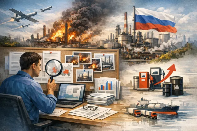 A dramatic representation of an oil refinery at night with plumes of smoke rising against a dark sky, symbolizing the impact of drone strikes on Russia's fuel infrastructure.