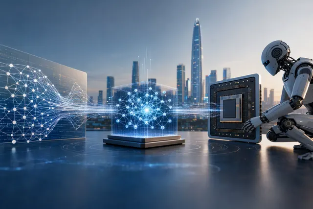Editorial illustration representing an embodied-AI model being developed ahead of a robot chip