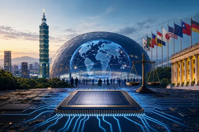 Editorial illustration of Taiwan’s semiconductor industry and global AI supply-chain partnerships