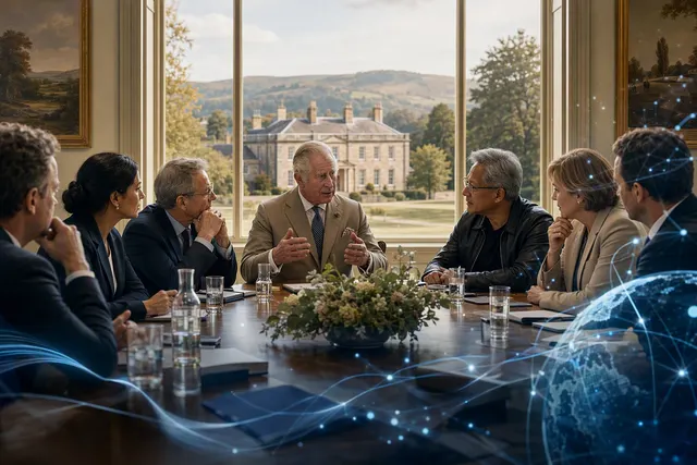 Editorial illustration of the AI governance debate surrounding King Charles III’s Dumfries House summit